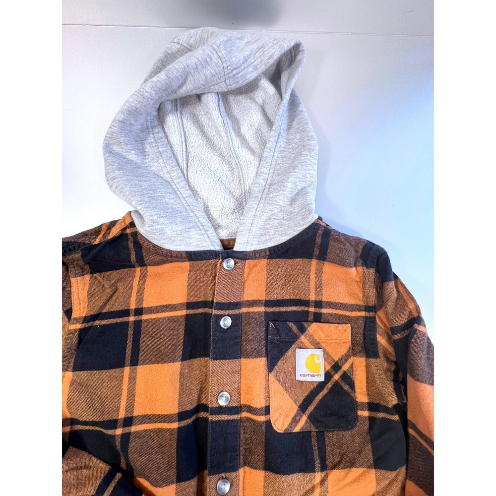 Carhartt Boys Orange Black Plaid Hooded Flannel Shirt Medium 10-12 jacket coat